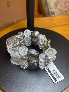 New York Clear and Silver Beaded Stretch Bracelet
